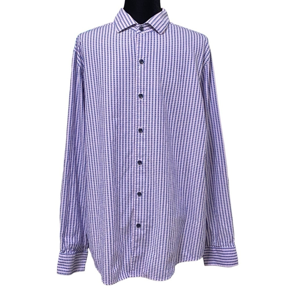Tasso Elba Lavender Blue Striped Button Down Shirt Size Large Cotton Casual